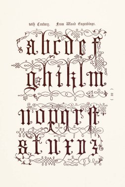 Antika dekoratif alfabe çizimi. Antik ve ortaçağ dekoratif alfabesinin, baş harflerin ve monogramların yer aldığı bir 19. yüzyıl kitabının plakası. Yaklaşık 1863.