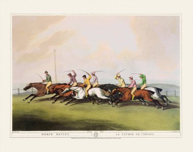 19. yüzyıl At Yarışı İllüstrasyonu. Çeşitli hayvan avlarını anlatan antik bir İngiliz av kitabının tabağı. Yaklaşık 1807.