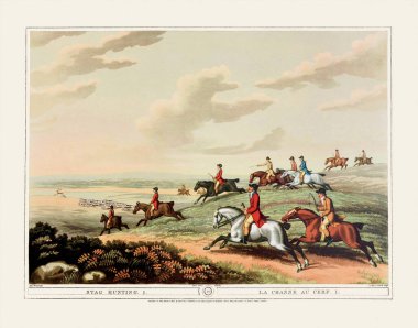 19. yüzyıl av illüstrasyonu. Çeşitli hayvan avlarını anlatan antik bir İngiliz av kitabının tabağı. Yaklaşık 1807.