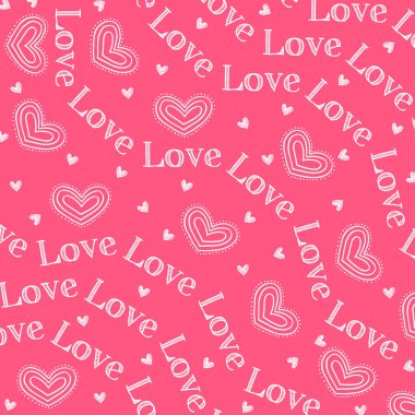 Aşk çizimi. Dijital Sevgililer Günü Şablonu. Pastel fuşya kırmızısı arka planda en az beyaz karalama motifleri. Modern grafik tasarımı, modaya uygun dekorasyon ve gençlik projeleri için ideal.