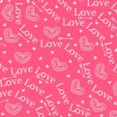 Aşk çizimi. Dijital Sevgililer Günü Şablonu. Pastel fuşya kırmızısı arka planda en az beyaz karalama motifleri. Modern grafik tasarımı, modaya uygun dekorasyon ve gençlik projeleri için ideal.