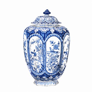 Yumuşak desenli beyaz arka planda mavi ve beyaz porselen vazo. Chinoiserie 'den esinlenilmiş dijital çizim. Oryantal tema.
