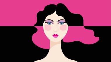 Kadın yüzü, soyut pop sanatı. Cesur düz şekilli ve 60 'lı yılların çarpıcı renklerine sahip bir kadın yüzünün canlı bir çizimi. Grafik tasarımı