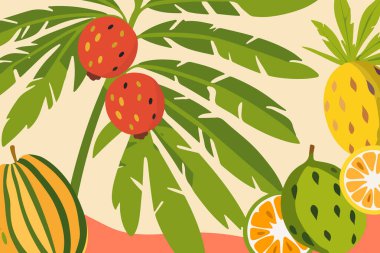 Tropik yeşillik vektör çizimi. Bitkisel bir dizaynda gür yapraklar ve canlı meyveler. Soyut elementler parmak izi, arkaplan ve dekor için mükemmeldir.