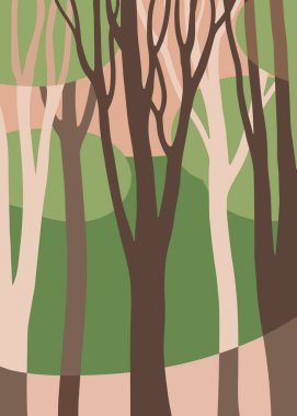 Tarafsız tonlarda soyut ağaç şekilleriyle minimalist orman illüstrasyonu. Modern ve sakin bir ortam, şık bir dekor için mükemmel..