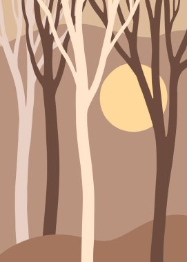 Tarafsız tonlarda soyut ağaç şekilleriyle minimalist orman illüstrasyonu. Modern ve sakin bir ortam, şık bir dekor için mükemmel..