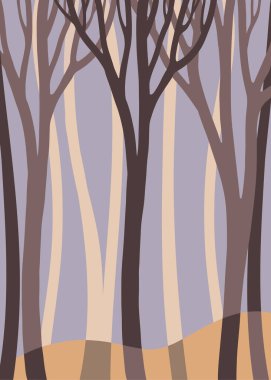 Tarafsız tonlarda soyut ağaç şekilleriyle minimalist orman illüstrasyonu. Modern ve sakin bir ortam, şık bir dekor için mükemmel..