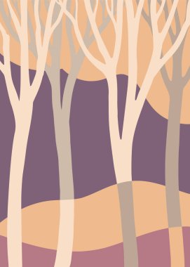 Tarafsız tonlarda soyut ağaç şekilleriyle minimalist orman illüstrasyonu. Modern ve sakin bir ortam, şık bir dekor için mükemmel..