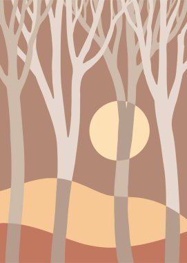 Tarafsız tonlarda soyut ağaç şekilleriyle minimalist orman illüstrasyonu. Modern ve sakin bir ortam, şık bir dekor için mükemmel..