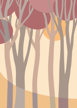 Tarafsız tonlarda soyut ağaç şekilleriyle minimalist orman illüstrasyonu. Modern ve sakin bir ortam, şık bir dekor için mükemmel..