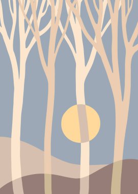 Tarafsız tonlarda soyut ağaç şekilleriyle minimalist orman illüstrasyonu. Modern ve sakin bir ortam, şık bir dekor için mükemmel..