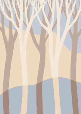 Tarafsız tonlarda soyut ağaç şekilleriyle minimalist orman illüstrasyonu. Modern ve sakin bir ortam, şık bir dekor için mükemmel..
