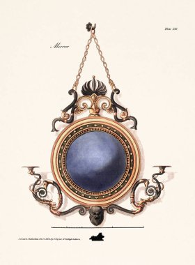 Ayna tasarımı. 1800 'lerden kalma bir İngiliz mobilya kitabının antika iç tasarım plakası Londra' da basıldı..