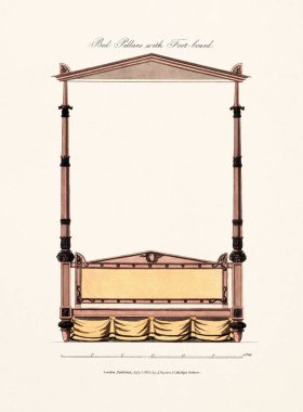 Yatak tasarımı. 1800 'lerden kalma bir İngiliz mobilya kitabının antika iç tasarım plakası Londra' da basıldı..