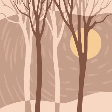 Çıplak ağaçlarla ve yumuşak kahverengi tonlarda güneşle minimum orman manzarası. Sakin ve sıcak doğadan esinlenilmiş vektör sanatı.