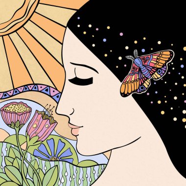 Kelebekli ve güneş ışığı altında çiçekli kadın, doğadan esinlenilmiş kadın güzelliği..