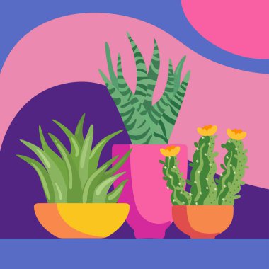 Soyut dalgalı neşeli kaktüs çizimi. Renkli saksılarda ve dinamik arka planda dekoratif bitkiler.