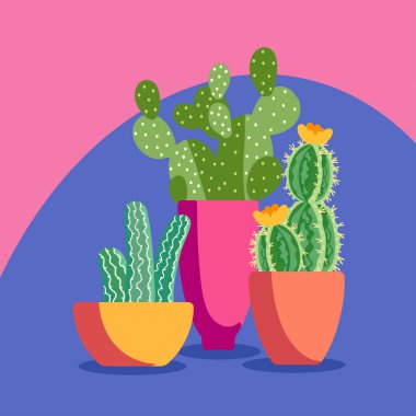 Parlak tencereler ve çöl titreşimleriyle kaktüs çizimi. Yumuşak şekiller ve hareketli arkaplan renkleri.