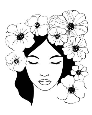 Çiçekli bir kızın havalı çizgileri, şık siyah beyaz portresi..