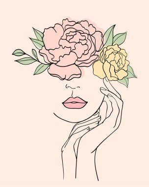 Pastel çiçekli şirin kız yüzü, renkli ve moda sanat tarzı..