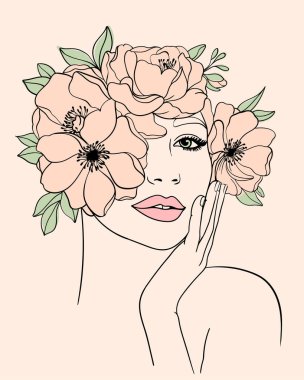 Pastel çiçekli şirin kız yüzü, renkli ve moda sanat tarzı..