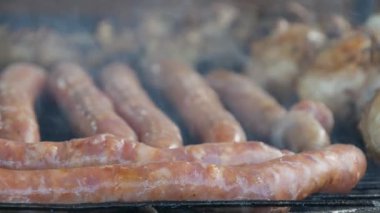 Delicious Sausages Roasted on a Grill. Shooting with an Appetizing Barbecue with Sausages Cooked on a Wooden Fire.