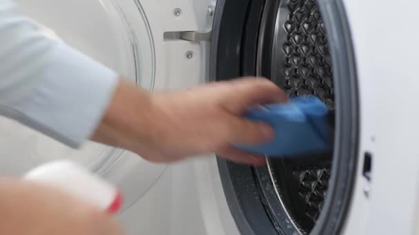 Man Doing Periodic Maintenance Cleaning Washing Machine Housekeeper Washing Cleaning — Video