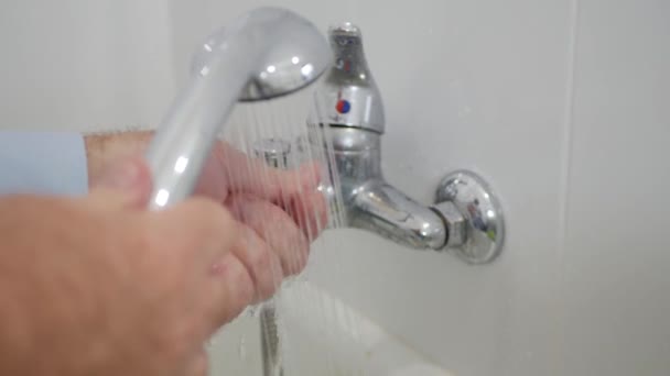 Blurred Shooting Person Using Bathroom Showerhead Man Preparing Bath Using — Stockvideo