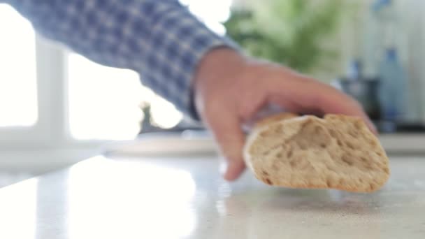 Man Putting Table Hot Appetizing Different Fresh Homemade Pieces Bread — Vídeo de stock