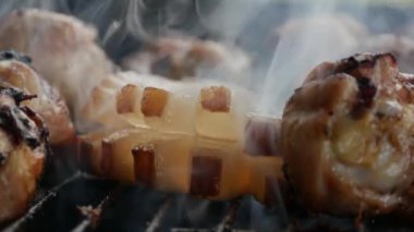 Shooting with an Appetizing Barbecue Cooked on a Wooden Fire. Fresh Delicious Meat Roasted on a Grill.