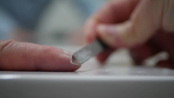Blurred Shooting Man File His Nails Nail File Person Making — Stockvideo
