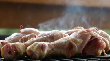 Fresh Delicious Chicken Meat Roasted on a Grill. Shooting with an Appetizing Barbecue Cooked on a Wooden Fire.