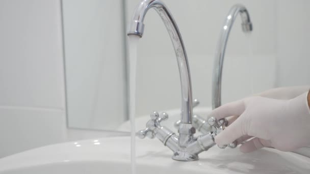 Businessman Bathroom Opens Water Tap Wash His Hand Close Water — Αρχείο Βίντεο