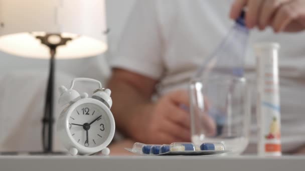 Blurred Shooting Sick Senior Sitting Bed Taking Medicines Old Person — Video Stock