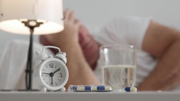 Blurred Shooting Sick Senior Sitting Bed Taking Medicines Old Person — Stock Video