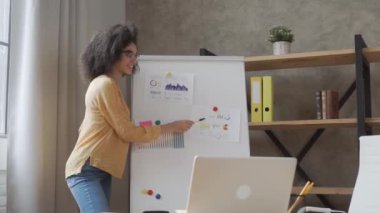 Afrikalı Amerikalı bir kadın evrak işleri ve raporlarla ilgili bir konferans düzenliyor. Bir çevirme grafiğinde istatistik ve veriler gösteriliyor