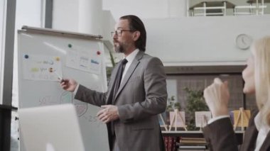Ofiste orta yaşlı işadamı ve kadın şirket stratejisini tartışıyor ve satış istatistikleri, SEO veya üst düzey yöneticileri okuyor
