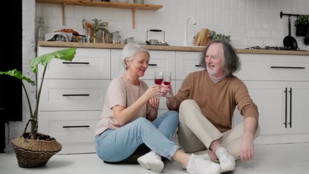 高齢者の幸せなカップルは キッチンの床に座って赤ワインを飲む 陽気な祖父母は — ストック動画