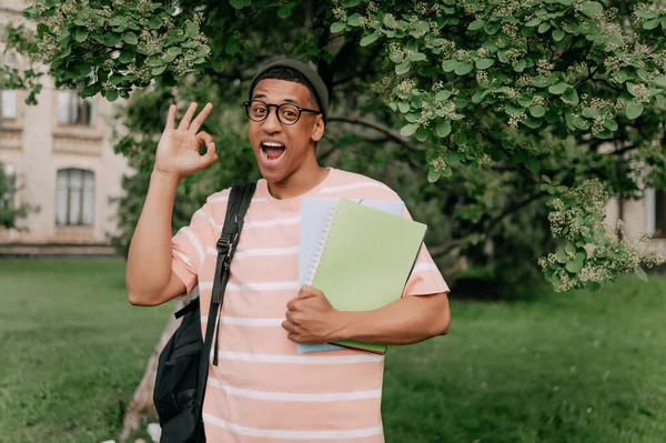 若い学生混合男は 自然上の路地を屋外に行く良い緑の都市公園を示す本を保持します 教育高等学校の概念 — ストック写真