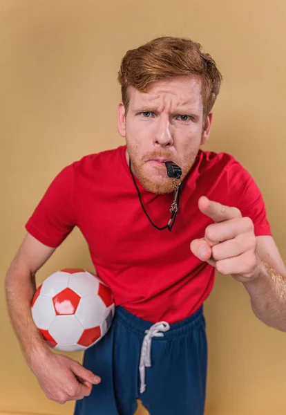 Funny Coach Soccer Ball Beige Background — Stock Photo, Image