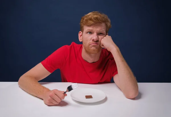 Funny Hungry Man Eats Small Piece Chocolate Half Empty Plate — Stock Photo, Image
