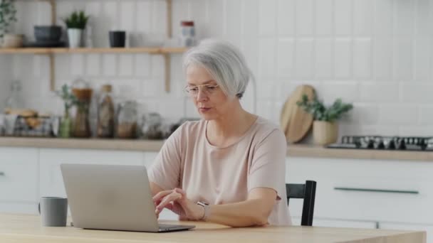 Krásná Starší Žena Útulné Kuchyni Pracuje Notebooku Krásná Šedovlasá Žena — Stock video