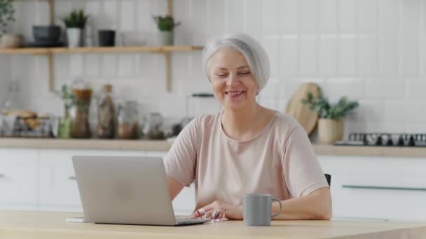 Smilende Stilfuld Moden Midaldrende Kvinde Sidder Ved Skrivebordet Med Bærbar – Stock-video