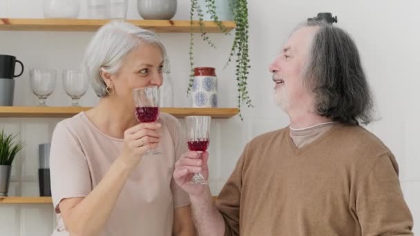 Feliz Casal Idosos Pensionistas Beber Vinho Cozinha Divertir Harmonia Amor — Vídeo de Stock