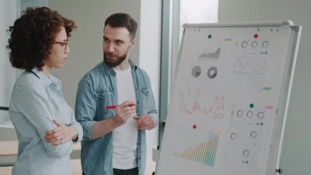 两名身穿休闲装的商务国际员工在白板上讨论一个项目 — 图库视频影像