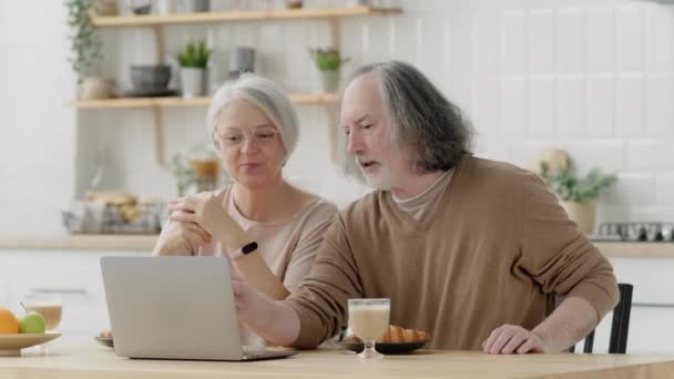Una Coppia Anziana Dai Capelli Grigi Seduta Cucina Con Computer — Video Stock