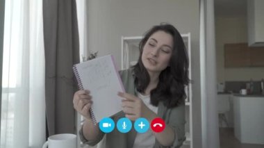 Genç iş kadınının portre görüntüsü Web kamerası konferansını kullanarak müşteriye danışmak, gülümseyen kadın çalışanın ortak ya da merkez ofisten meslektaşıyla yaptığı görüntülü konuşma