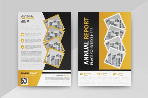 业务摘要向量模板 小册子 企业介绍 投资组合 黄色和黑色尺寸A4的信息 正面和背面 — 图库矢量图片