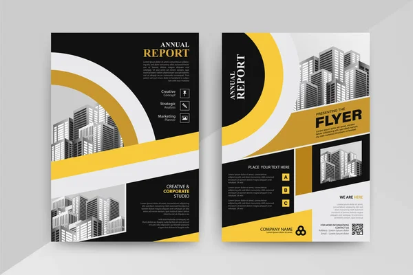 Reklamcılığın Gücü Sarı Siyah Renkli Yıllık Rapor Broşür Tasarım Şablonu — Stok Vektör