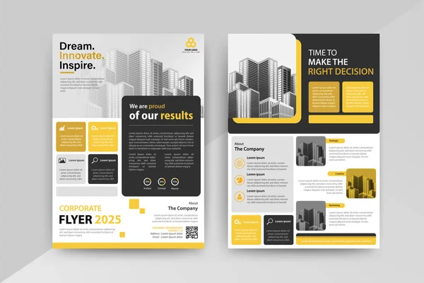 Reklamcılığın Gücü Sarı Siyah Renkli Yıllık Rapor Broşürü Tasarım Şablonu — Stok Vektör